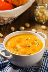 soup, cream of pumpkin served with roasted seeds and croutons.