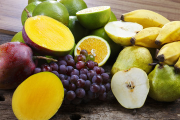 Fruits, pear, grape, banana, mango, orange