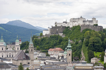 Fototapeta premium Salzburg and castle Hohensalzburg top view..