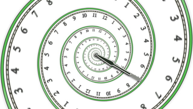 Looping Spiral clock animation (HD) symbolizing losing track of time or traveling through time. Modern green clock turning on white background. Varaiations in my portfolio. Computer generated.