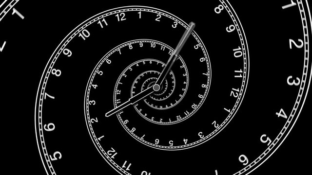 Looping Spiral Clock (4K). 
Animation symbolizing losing track of time. With a modern spiral clock turning on black background. Variations in my portfolio.
Full 4K computer generated animation.