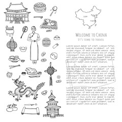 Hand drawn doodle China icons collection Vector illustration Sketchy Chinese icons set Big set of icons for Welcome to China Concept Tea Ceremony Chinese food National costume Lantern Dim Sum Dragon