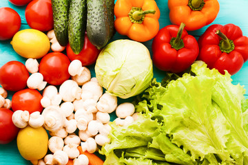 Vegetables on kitchen table. Top view and selective focus 