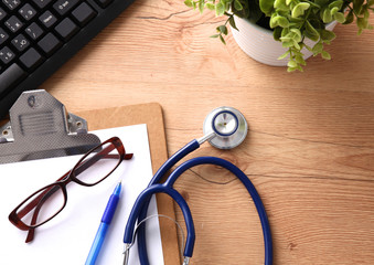 Stethoscope on laptop keyboard. Concept 3D image