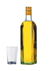 bottle of vodka with pepper and glass isolated on white