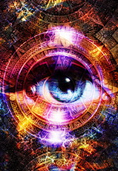 Fototapeta premium Ancient Mayan Calendar and woman eye, abstract color Background, computer collage. Eye in circle light with flash.