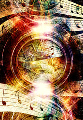 Ancient Mayan Calendar and  Music note, Cosmic space with stars, abstract color Background, computer collage. light circular in space.