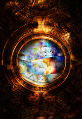 Obraz na płótnie Canvas Ancient Mayan Calendar and Music note, Cosmic space with stars, abstract color Background, computer collage. circular view on space.