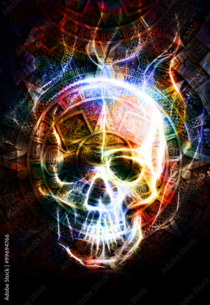 Aufkleber ancient mayan calendar and skull, skull wirt fire effect. abstract color background.