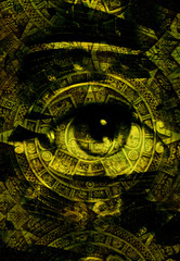 Fototapeta na wymiar Ancient Mayan Calendar and woman eye with Music note, abstract color Background, computer collage.