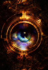 Ancient Mayan Calendar, And woman eye, Cosmic space with stars, abstract color Background, computer collage. Light circle effect.