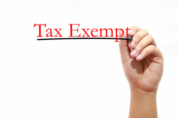Man writing text tax exempt over white