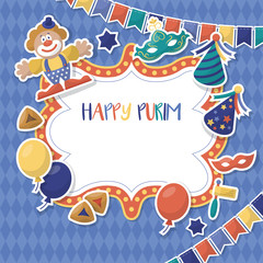 Obraz premium Purim holiday banner design with stickers. Vector illustration