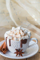 Hot chocolate with marshmallows and cinnamon in a white Cup