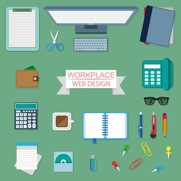 Flat Style Modern Office Workspace.Equipment for Workplace Design. Vector Illustration