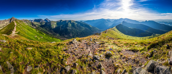 Panorama of beautiful sunset in mountains in Poland