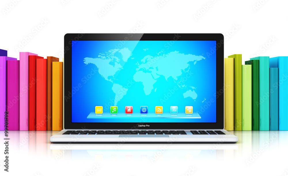 Poster laptop in front of row of color books