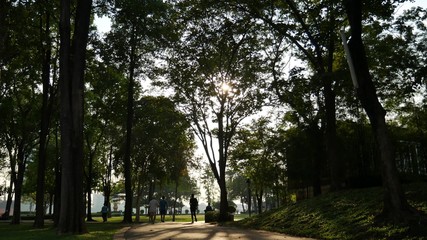 Asians jogging in park