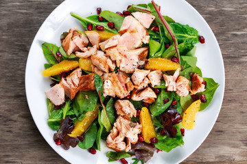 Fresh Salmon Salad with vegetables, pomegranate and orange.