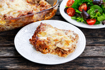 Baked italian home made lasagna on a plate