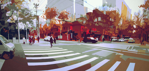 urban street in autumn,cityscape painting,paronamic view © grandfailure