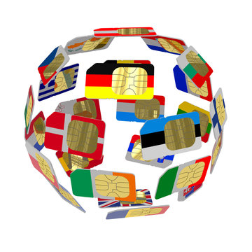 SIM cards in the form of flags of of European Union  forming the globe