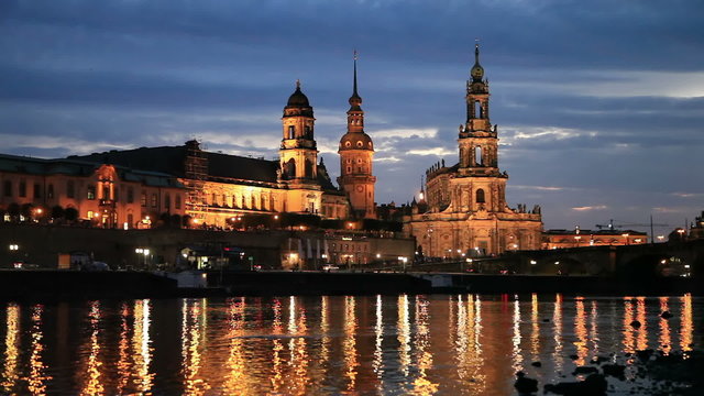 Static view on Dresden skyline from side of Elbe river in the evening, Germany
