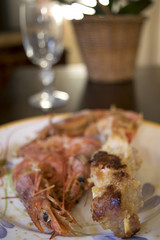 skewers of fish with king prawns