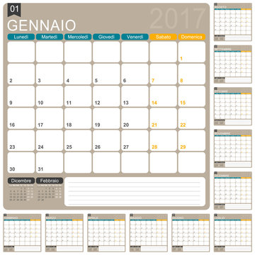 Italian Calendar 2017 / week starts on Monday, vector illustration