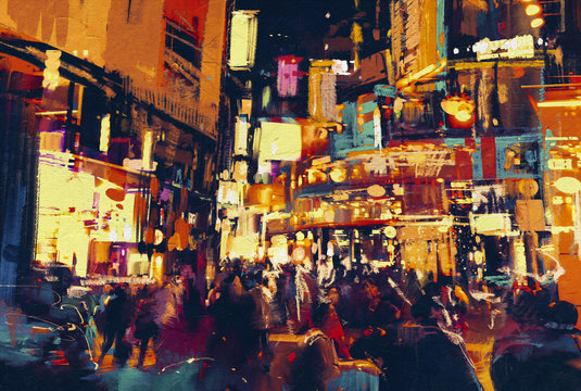 painting of city life at night,people walking in city,illustration