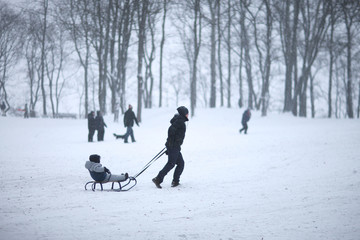 Father pulling his child sitting on a sled in the snowy park