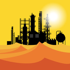 Oil refinery or chemical plant in desert at sunset