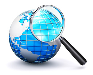 Blue Earth globe and magnifying glass