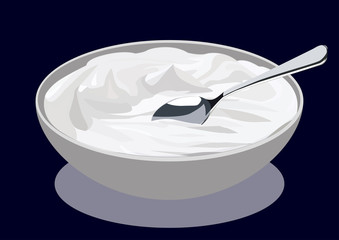 Sour cream in a saucer with a silver spoon, vector illustration, isolated on dark blue