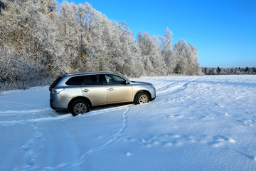 Modern crossover with high clearance to snow-covered field
