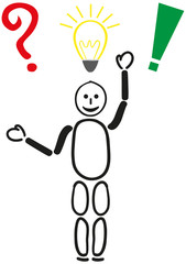 Männchen mit Frage, Idee, und Lösung.