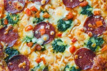Delicious pizza with corn, broccoli and salami. Food  background