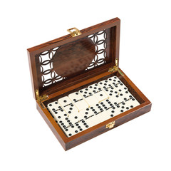 open box of dominoes on a white background