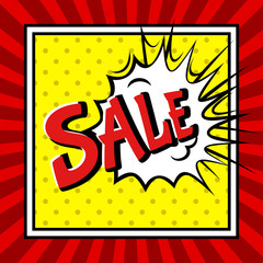 Sale pop art explosion over dotted and burst background.