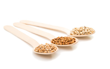 barley, wheat, buckwheat, oat groats in a wooden spoon isolated