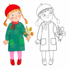 Ewa, mała dziewczynka jesienią - kolorowanka - obrazy, fototapety, plakaty