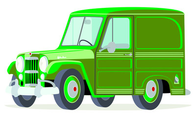 Caricatura Willys Jeep  Delivery Panel verde vista frontal y lateral