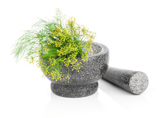 Stone mortar with green herbs, on white background