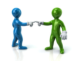 Blue and green men pointing fingers at each other