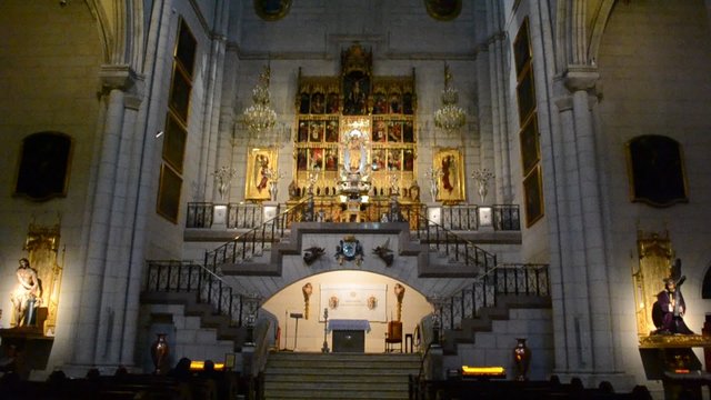 Beautiful Neo-gothic interior of Santa Maria la Real de La Almudena - famous cathedral in Madrid, Spain