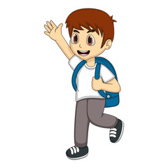 Little boy carrying a backpack and waving his hand