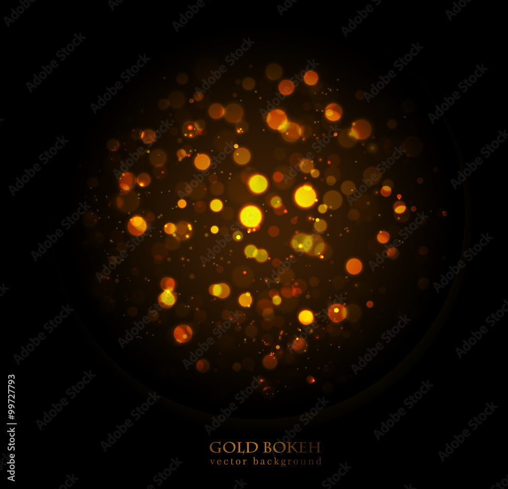 Poster Magic sparkle, gold dots on dark background. Vector bokeh effect. 