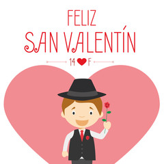 Ilustración de vector del Día de San Valentín con texto en español y niño con rosa.