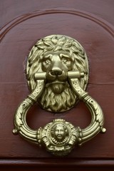 Golden lion knocker on a brown door