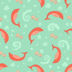 Stylish seamless texture with doodled cartoon dolphin in pink an